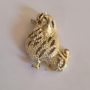 Vintage Sarah Coventry Poodle Dog Brooch Pin Gold Tone Red Rhinestone Eye